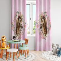 Cortina Tecido Oxford Quarto Infantil Cavalo Aquarela Rosa Arco de Flores - 280x220cm