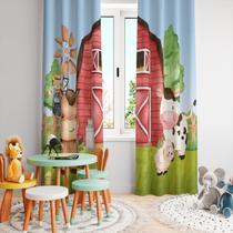 Cortina Tecido Oxford Quarto Infantil Fazendinha Celeiro Vermelho - 280x220cm