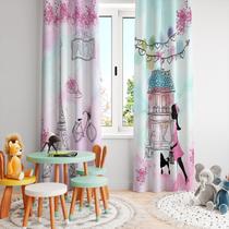 Cortina Tecido Oxford Quarto Infantil Menina em Paris Aquarela - 280x220cm