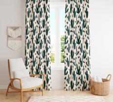 Cortina Tecido Oxford Sala Bege Cactos do Sertão - 280x220cm