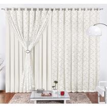 Cortina Yasmin 2 Metros Palha Tecido Malha Com Renda Floral Sala ou Quarto Cortina Yasmin 2 Metros Palha Tecido Malha Com Renda Floral Sala ou Quarto