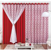 Cortina Yasmin 2 Metros Vermelha Tecido Malha Com Renda Floral Sala ou Quarto Cortina Yasmin 2 Metros Vermelha Tecido Malha Com Renda Floral Sala ou Quarto