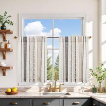 Cortinas Boho Jinchan de Lino 24" Patrón Geométrico Negro 2 Paneles