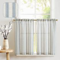 Cortinas de cozinha de linho listrado jinchan 36 cm Cafe Tier Blue