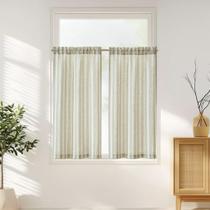 Cortinas de cozinha: linho listrado, 45 cm, verde sálvia, 2 painéis