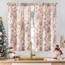 Cortinas JINCHAN de Lino Floral para Cocina, 2 Paneles de 45 cm, Estilo Campestre, Color Rojo