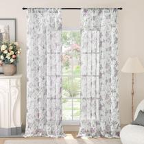 Cortinas transparentes Lajode Floral 213 cm de comprimento, 2 painéis, roxas