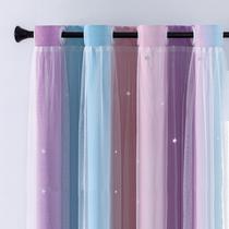 Cortinas XiDi de dupla camada rosa arco-íris roxa com estrelas