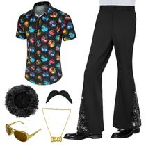 Costume BONGZUO, 6 peças, camisa de discoteca masculina dos anos 70 com calça de sino