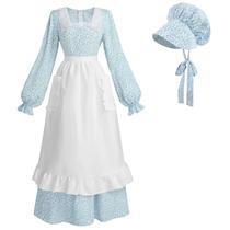 Costume NSPSTT Colonial Dress Feminino Pioneer Blue, conjunto de 3 peças Costume NSPSTT Colonial Dress Feminino Pioneer Blue, conjunto de 3 peças