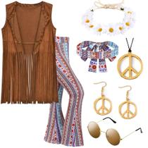 Costume ZeroShop Hippie feminino dos anos 70 com colete franjado e calça de sino