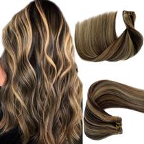 Costure em extensões de cabelo humano, trama e feixes destacados, tramas de cabelo humano, mechas de marrom escuro a dourado, costure em extensões de cabelo, extensões de cabelo de trama reta, cabelo humano, pacotes Remy sem costura de 16”