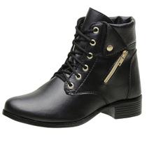 Coturno Bota Botinha Feminina Casual Cadarço Detalhe Ziper Cano Curto Lançamento Inverno