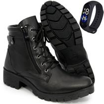 Coturno Bota Feminina Preto Zíper Cadarço Confort Flex Couro + Relógio De Pulso Coturno Bota Feminina Preto Zíper Cadarço Confort Flex Couro + Relógio De Pulso
