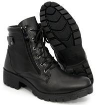 Coturno Botinha Bota Feminina Confort Flexível Couro Preto Zíper Cadarço Coturno Botinha Bota Feminina Confort Flexível Couro Preto Zíper Cadarço