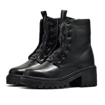 Coturno Chunky Couro Feminino Militar Solado Tratorado Bipartido Cano Médio Amarração Preto