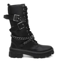 Coturno Feminino Cano Alto Preto Tratorado com Corrente e Fivelas Coturno Feminino Cano Alto Preto Tratorado com Corrente e Fivelas