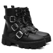 Coturno Feminino Preto Tratorado com Fivelas Bota Cano Médio