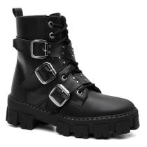Coturno Feminino Preto Tratorado com Fivelas Bota Cano Médio