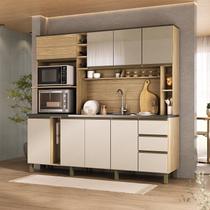 Cozinha 205cm MDF 15mm com Portas de Vidro Érica Bege/Amendoa/Off White Cozinha 205cm MDF 15mm com Portas de Vidro Érica Bege/Amendoa/Off White