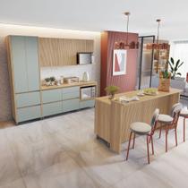 Cozinha 8 Peças 8 Portas 12 Gavetas Forno Ilha Ripado Rainha 100% MDF Marrom/Nature/Verde - Nesher Móveis
