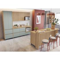 Cozinha 8 Peças 8 Portas 12 Gavetas Forno Ilha Ripado Rainha Nesher 100% MDF - Cor: Nature/Verde