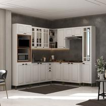 Cozinha Americana Modulada de Canto Reto Torre Quente Aéreo 120cm e Paneleiro Simples com Vidros Reflecta Balcão para Pia Sem Tampo Completa Paris