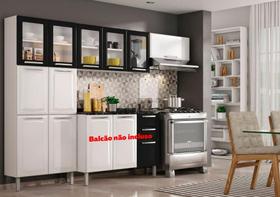 Cozinha Branca e Preta em Aço 280cm 3 Peças com Vidro Sem Balcão