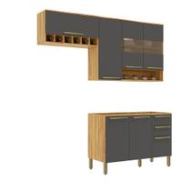 Cozinha Compacta 100% Mdf Com 3 Peças 7 Portas 2 Gavetas Napoli Prime Rio Doce Amêndoa/Chumbo