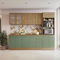 Cozinha Compacta 270cm 5 Peças 12 portas 3 Gavetas com Tampo Botanic Kappesberg - Nogueira/Verde Oliva