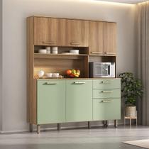 Cozinha Compacta 7 Portas 2 Gavetas Armário com Nicho para Micro-ondas - Luciane 353 Cor:Avelã e Verde Mar