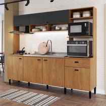 Cozinha Compacta Aline 6 Portas 1 Gavetas com Nichos e com Espaço Forno e Micro-ondas 241,5cm Nature / Grafite