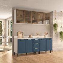 Cozinha Compacta Amara 9 Portas 3 Gavetas com Vidro Azul/Branco - Politorno Cozinha Compacta Amara 9 Portas 3 Gavetas com Vidro Azul/Branco - Politorno