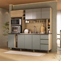 Cozinha Compacta Érica 205cm MDF 15mm com Portas de Vidro Amêndoa/Acqua Vidro Grafite