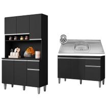 Cozinha Compacta Márcia e Balcão Gabinete Com Pia Tatiane 120cm Preto - AJL Móveis
