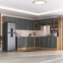 Cozinha Compacta Modulada 10 Peças 5 Aéreos 4 Balcões 1 Paneleiro Duplo Soho CabeCasa MadeiraOriginals Cinza/Freijó/Grafite