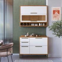 Cozinha Compacta Modulada 100% MDF 2 Peças 4 Portas 3 Gavetas e Vidro 120cm Vicenza Espresso Móveis Branco/Amêndoa