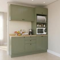 Cozinha Compacta Modulada 3 Peças Balcão com Tampo, Armário Aéreo e Torre Quente 100% MDF Sevilha Verde Hill/Carvalho Nature