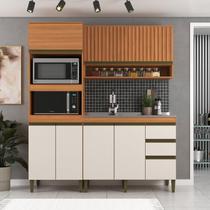 Cozinha Compacta Modulada 3 Peças com Torre Quente e Aéreo Ripado Cecília Marrom/Freijó/Off White
