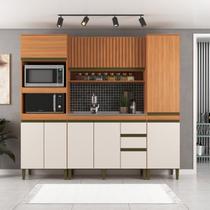 Cozinha Compacta Modulada 4 Peças com Torre Quente Paneleiro e Aéreo Ripado Cecília Marrom/Freijó/Off White Cozinha Compacta Modulada 4 Peças com Torre Quente Paneleiro e Aéreo Ripado Cecília Marrom/Freijó/Off White