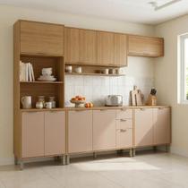 Cozinha Compacta Modulada 5 Peças 270cm 11 Portas e 2 Gavetas Colors Marrom Freijó/Pinole