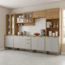 Cozinha Compacta Modulada 6 Peças 340cm 15 Portas e 2 Gavetas Colors Marrom Freijó/Cinza Chalck