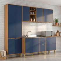 Cozinha Compacta Modulada com 10 Portas e 5 Gavetas Domus Espresso Móveis Azul/Nogal/Royal Cozinha Compacta Modulada com 10 Portas e 5 Gavetas Domus Espresso Móveis Azul/Nogal/Royal