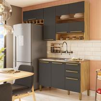 Cozinha Compacta Napoli 7 Portas 2 Gavetas 100% Mdf com Vidro 11066 Amêndoa/Chumbo - Rio Doce