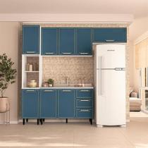 Cozinha Compacta Sem Tampo Amara 8 Portas 3 Gavetas Azul e Branca
