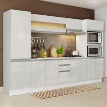 Cozinha Completa 100% MDF Madesa Smart 300 cm Com Armário, Balcão e Tampo - Frentes Branco Brilho