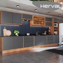 Cozinha Completa 100% MDF Modular Édez Uno, 15 portas, 6 gavetas e tampo, Grafite e Louro Freijo