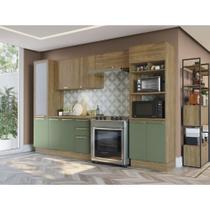 Cozinha Completa 330cm 5 Peças com Torre Quente 11 portas 3 Gavetas Botanic Kappesberg - Nogueira/Verde Oliva
