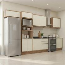 Cozinha Completa 6 Peças 2 Balcões 3 Armários Aéreos e 1 Torre Quente 100% MDF Viena Freijó/Cinza Argila
