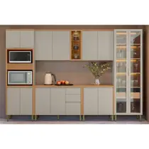 Cozinha Completa Allure 6 Peças (2Aéreos+2Balcões+1Cristaleira+1TorreQuente) CP21 Jequitiba/Gris Fosco - Linea Brasil